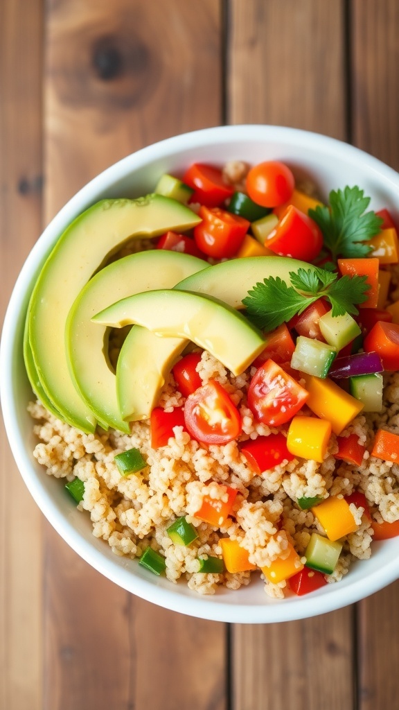Nourishing Quinoa Bowl Recipe A nourishing quinoa bowl with quinoa, cherry tomatoes, cucumber, bell pepper, black beans, and avocado, garnished with parsley.